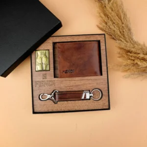 ست مردانه سه تیکه کیف پول جاکلیدی و فندک چرم طبیعی دست رنگ