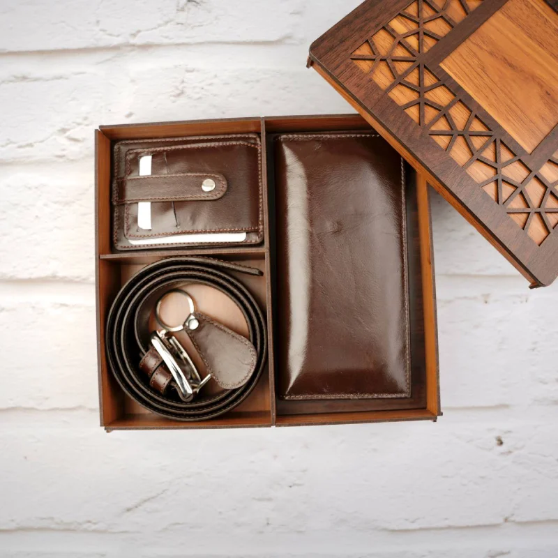 ست چهار تیکه کیف پول جاکارتی جاکلیدی رنگ قهوه ای