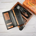 ست سه تیکه کیف پول جاکلیدی کمربند چرم رنگ مشکی