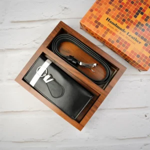 ست سه تیکه کیف پول جاکلیدی کمربند چرم رنگ مشکی