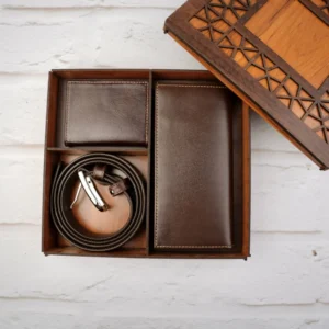 ست سه تیکه کیف پول جاکارتی کمربند رنگ قهوه ای