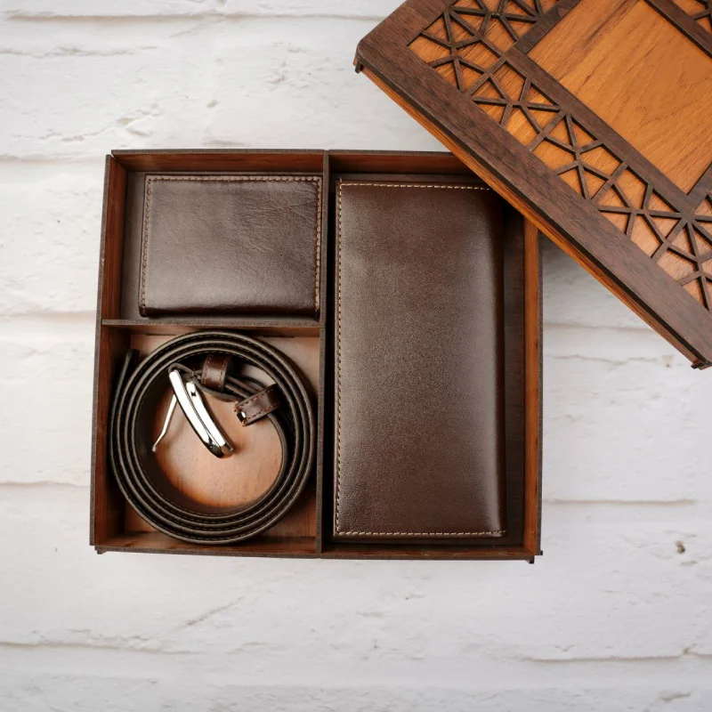 ست سه تیکه کیف پول جاکارتی کمربند رنگ قهوه ای