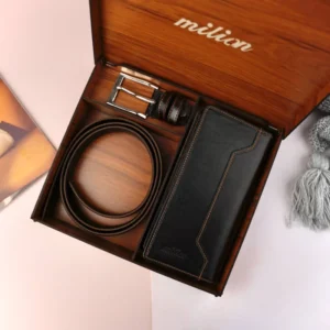 ست دو تیکه کیف پول کمربند چرم مردانه رنگ قهوه ای