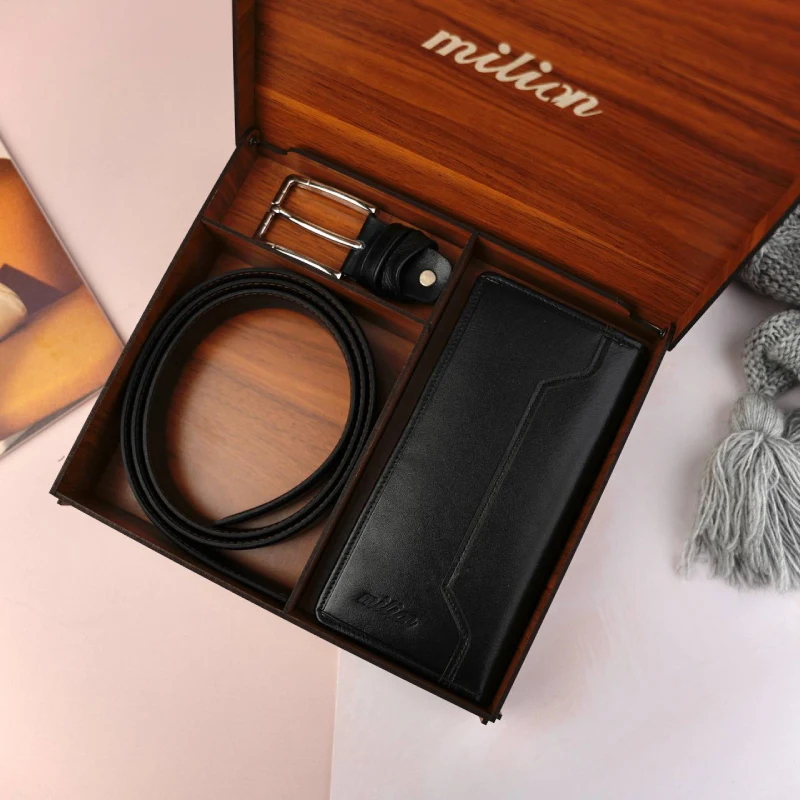 134-92 (3) ست دو تیکه کیف پول کمربند چرم مردانه رنگ مشکی