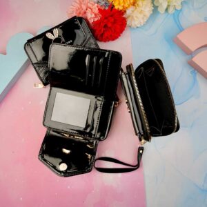 کیف پول پشت زیپ ورنی مشکی بنددار