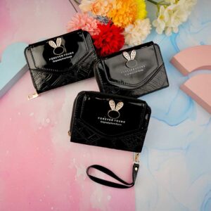 کیف پول پشت زیپ ورنی مشکی بنددار