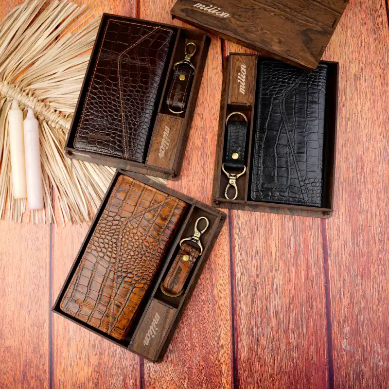 نیم ست کیف پول کتی جاکلیدی فلش سنگی چرم مردانه