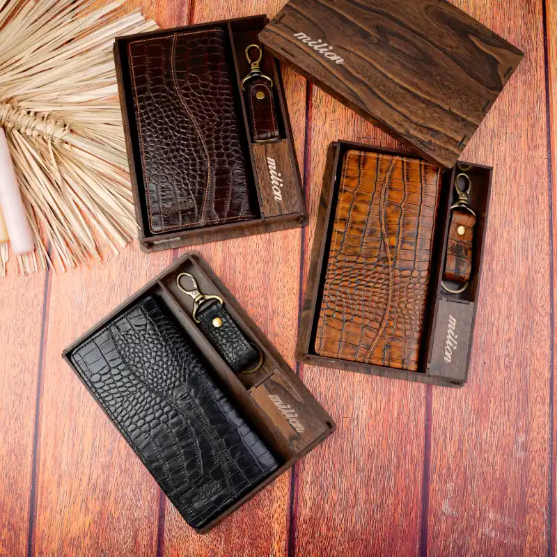 نیم ست کیف پول کتی موجی جاکلیدی چرم طبیعی