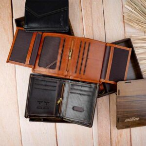 نیم ست کیف پول کتابی و جاکلید مردانه چرم طبیعی